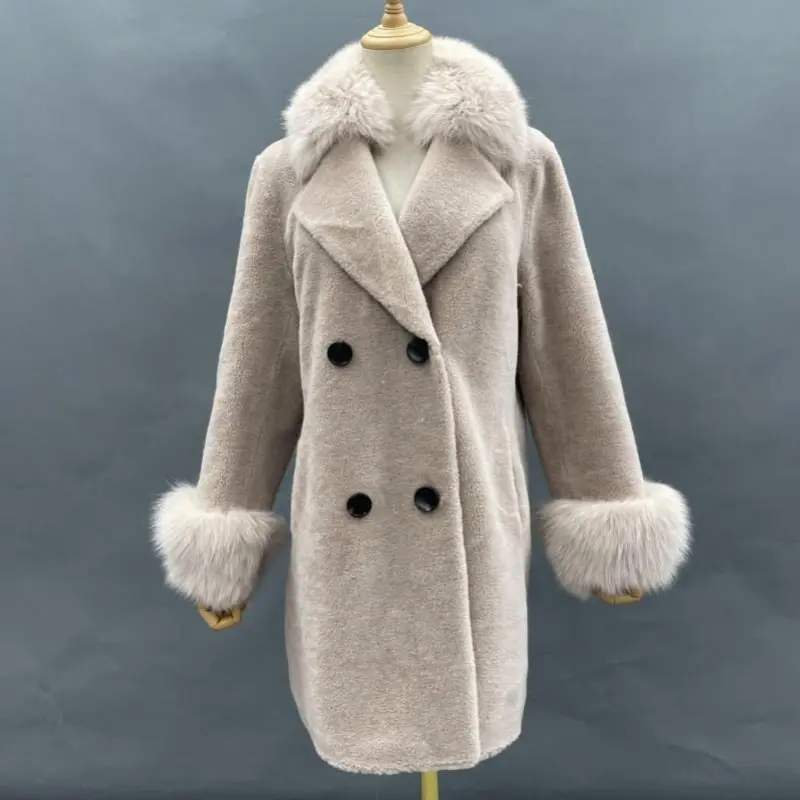 Double-breasted with Cuffed Sleeves Fox Fur Shearling (1)