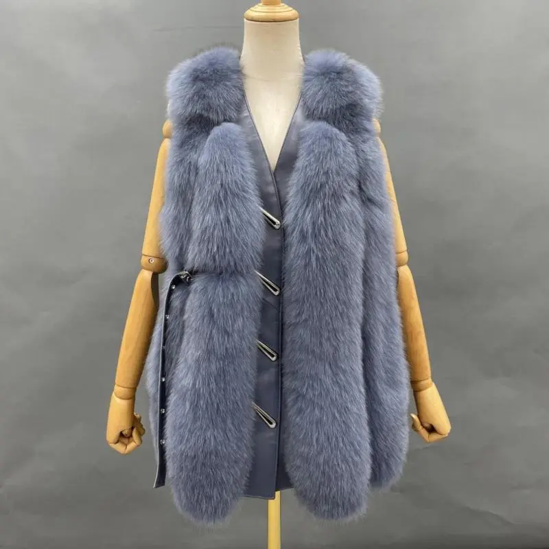 Vertical Stripe Buckle Decorated Draped Fox Fur Vest (Long) (12)