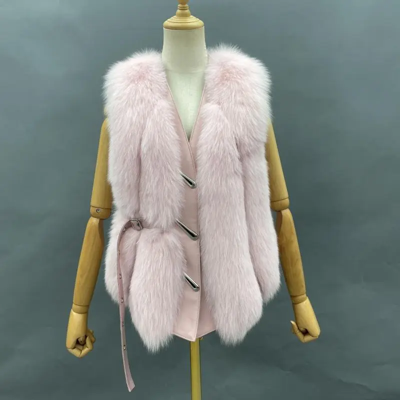 Vertical Stripe Buckle Decorated Draped Fox Fur Vest (Short) (11)