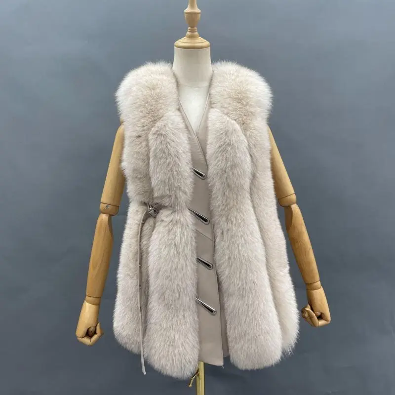 Vertical Stripe Buckle Decorated Draped Fox Fur Vest (Long) (3)