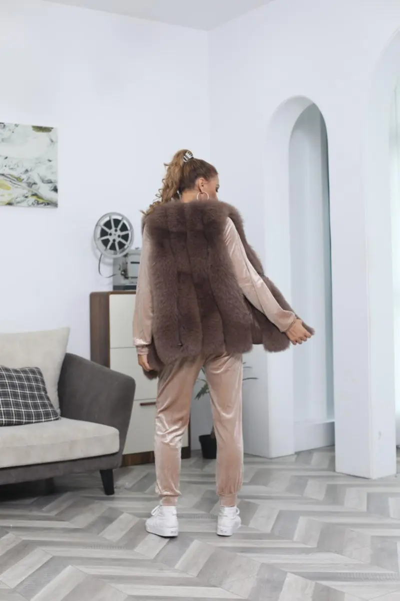 Vertical Stripe Buckle Decorated Draped Fox Fur Vest (Long) (1)