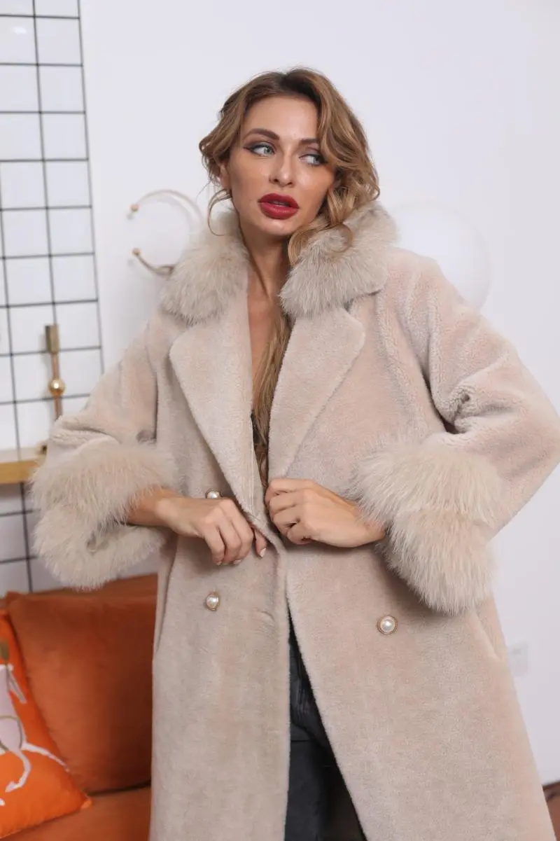 Mandarin Collar Pearl Button Shearling Coat (6)