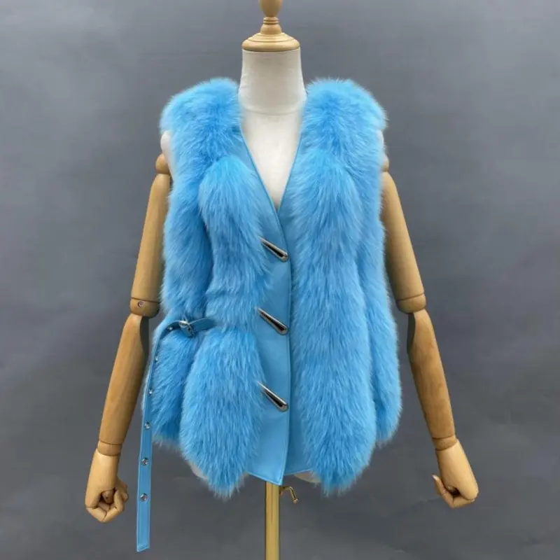 Vertical Stripe Buckle Decorated Draped Fox Fur Vest (Short) (12)
