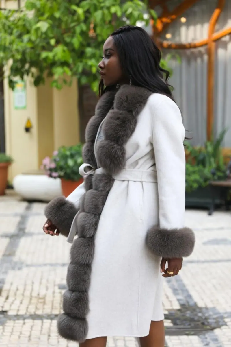 Segmented Fox Fur Front Wool Coat with Fur Cuffs (5)