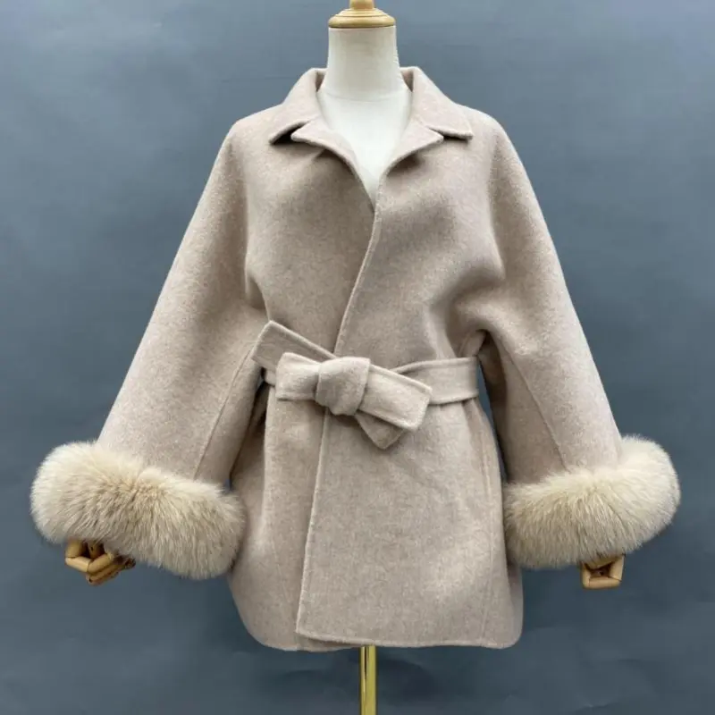 Tie-cuff Fur Oversized Double-faced Wool Coat (12)