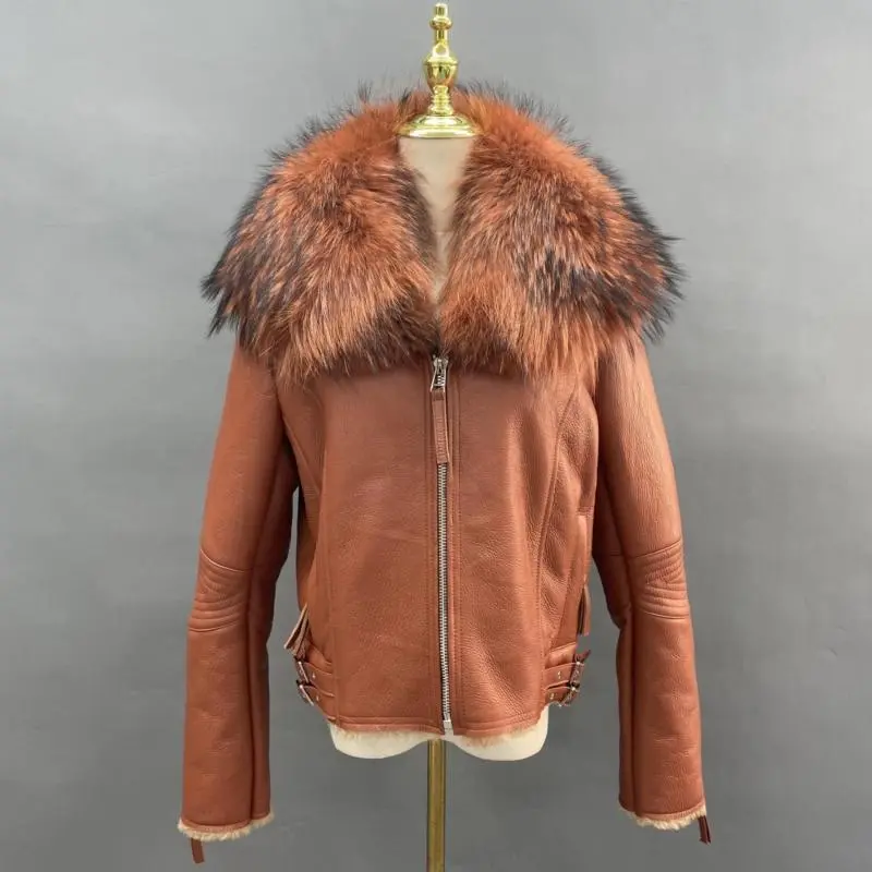 Large Raccoon Fur Collar Leather and Fur Combination (13)