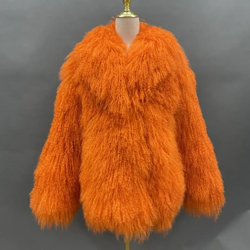 Mandarin Collar Shearling Mid-length Coat (1)