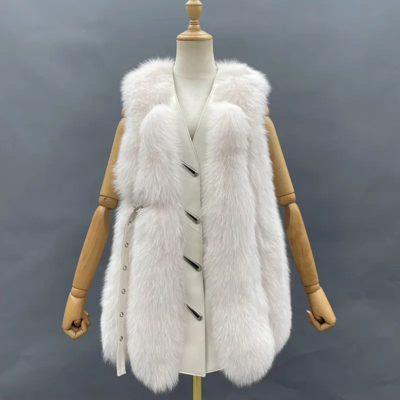Vertical Stripe Buckle Decorated Draped Fox Fur Vest (Long) (13)