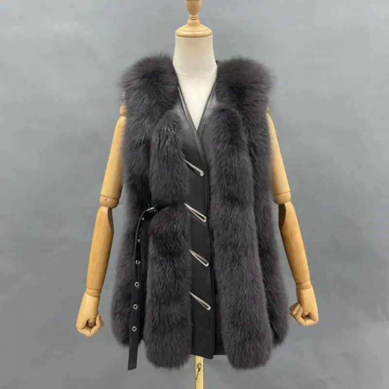 Vertical Stripe Buckle Decorated Draped Fox Fur Vest (Long) (4)