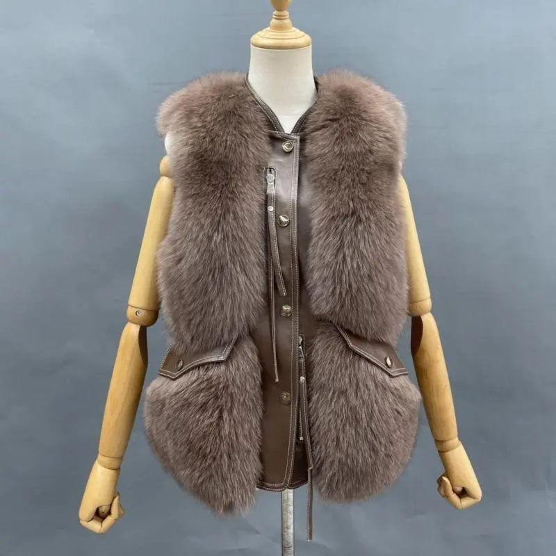 Zipper Decorated Leather Front Fox Fur Vest (1)