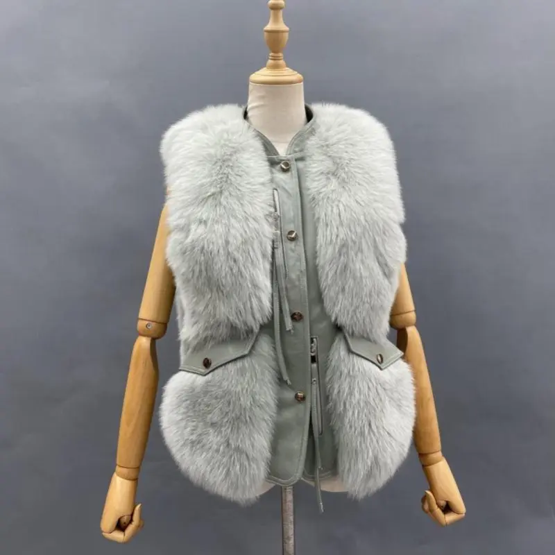 Zipper Decorated Leather Front Fox Fur Vest (7)