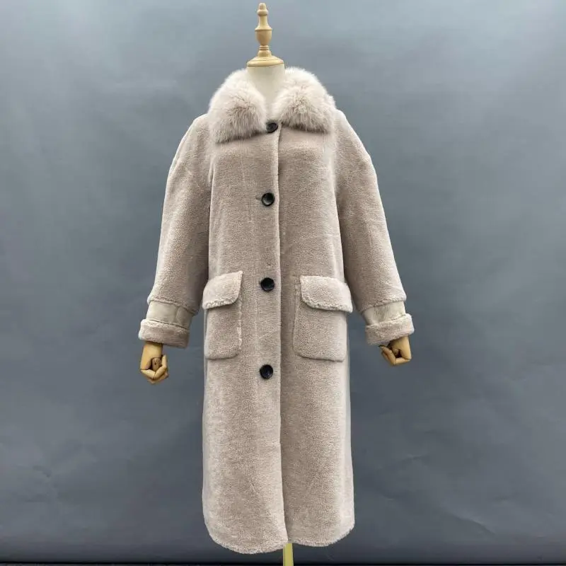 Fox Fur Lapel Patch Pocket Long Coat, Full Fur (1)