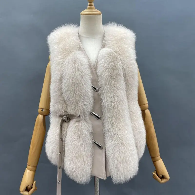 Vertical Stripe Buckle Decorated Draped Fox Fur Vest (Short) (4)