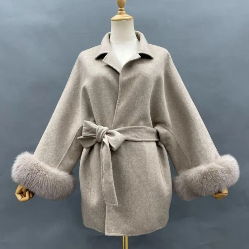 Tie-cuff Fur Oversized Double-faced Wool Coat (2)