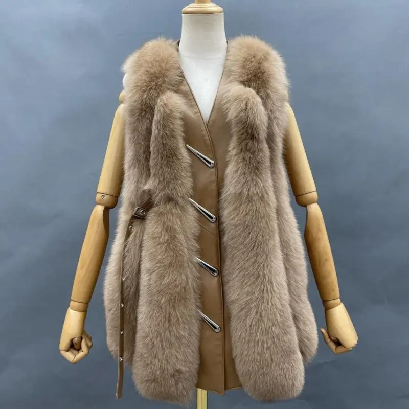 Vertical Stripe Buckle Decorated Draped Fox Fur Vest (Long) (1)