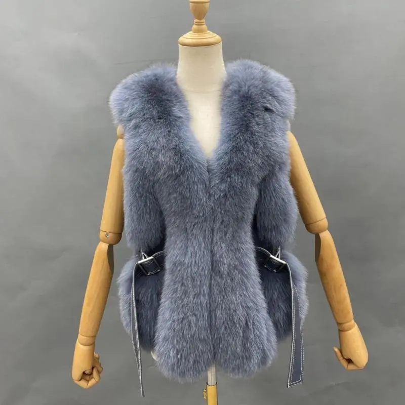 Leather Buckle Strap Draped Fox Fur Vest (with Leather Flap on the Back) (9)