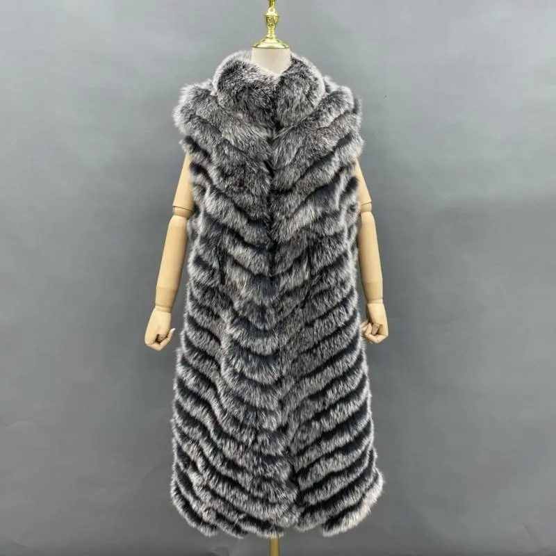 Double-Sided Fox Fur Diagonal Stripe Long Vest (13)