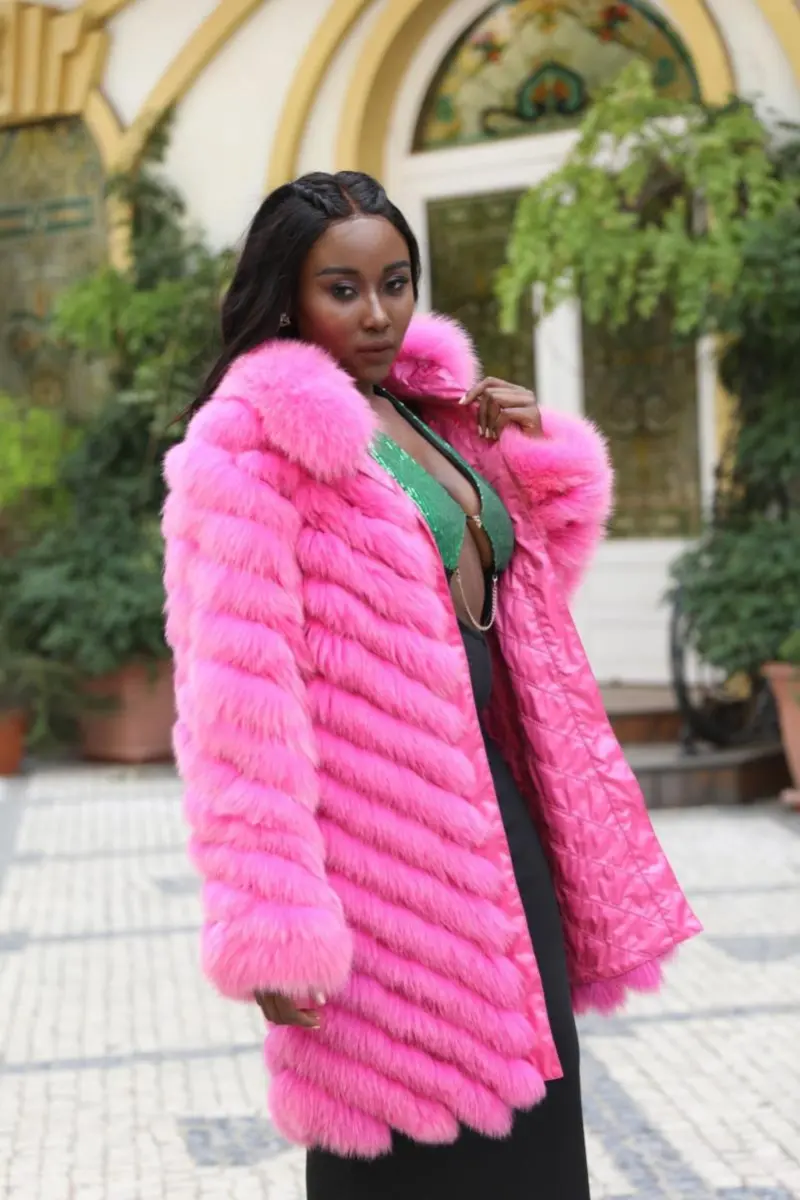 Double-Sided Fox Fur Diagonal Stripe Long Coat