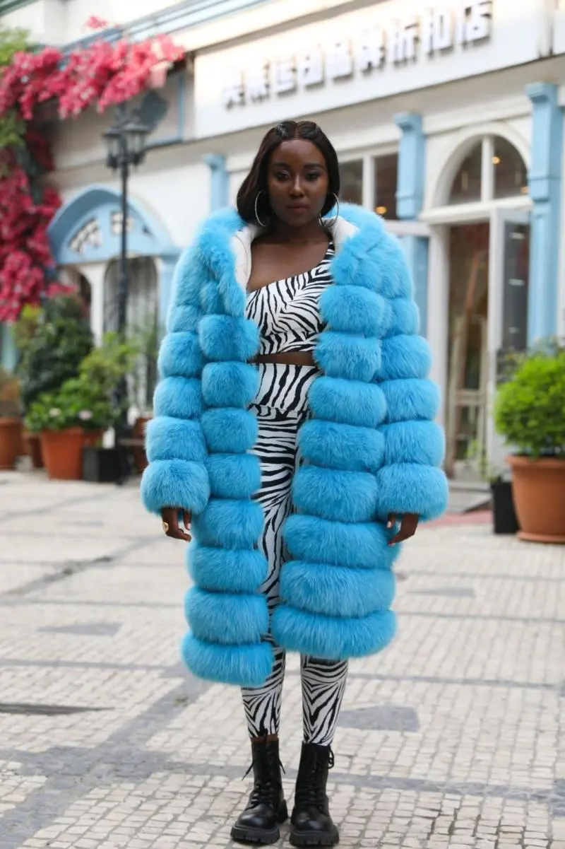 Long Blue Fox Hooded Fox Fur Coat