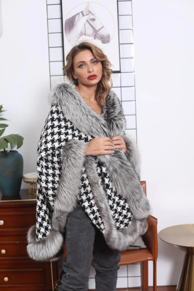 Houndstooth Fox Fur Stripe Cape (7)