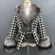 Mandarin Collar Wool Checkered Short Jacket with Fur Trim (2)