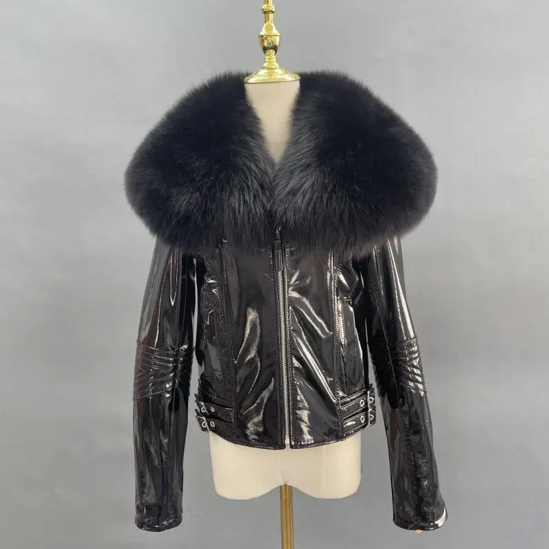 Large Fox Fur Collar Shiny Leather Jacket (14)