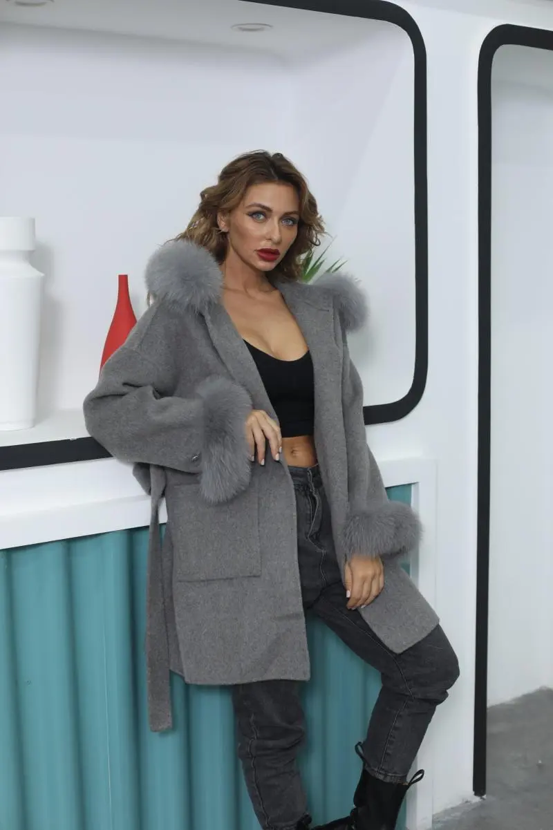 Short Length Hooded Double-faced Wool Coat with Large Pockets (4)