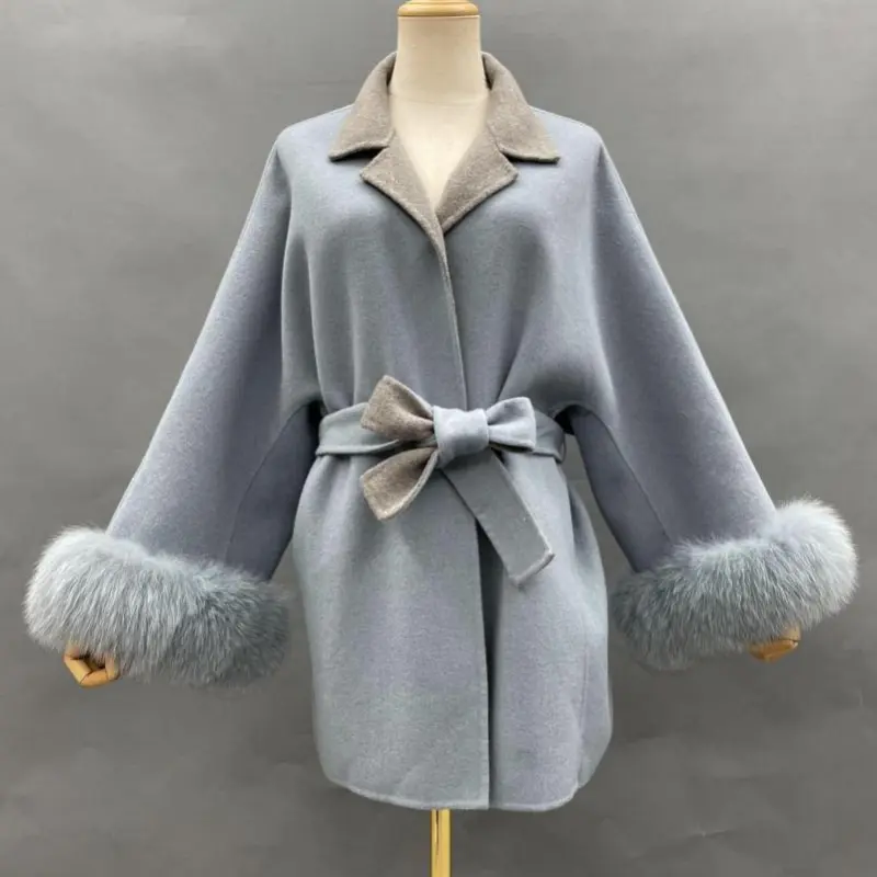 Tie-cuff Fur Oversized Double-faced Wool Coat (5)