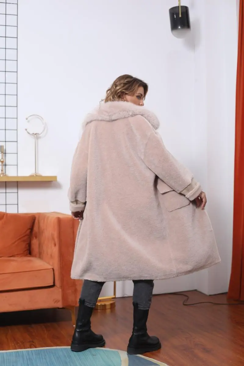 Fox Fur Lapel Patch Pocket Long Coat, Full Fur (1)