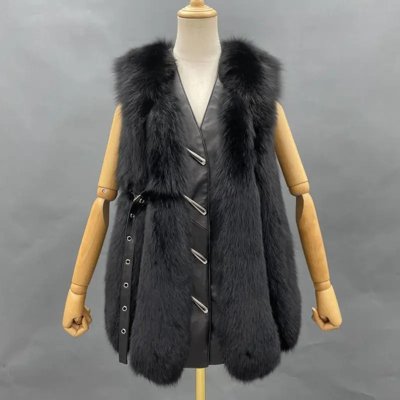 Vertical Stripe Buckle Decorated Draped Fox Fur Vest (Long) (11)