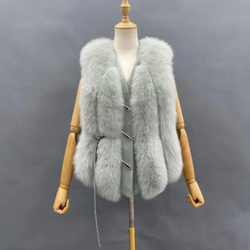 Vertical Stripe Buckle Decorated Draped Fox Fur Vest (Short) (2)