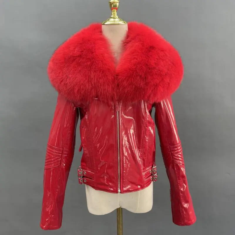 Large Fox Fur Collar Shiny Leather Jacket (15)