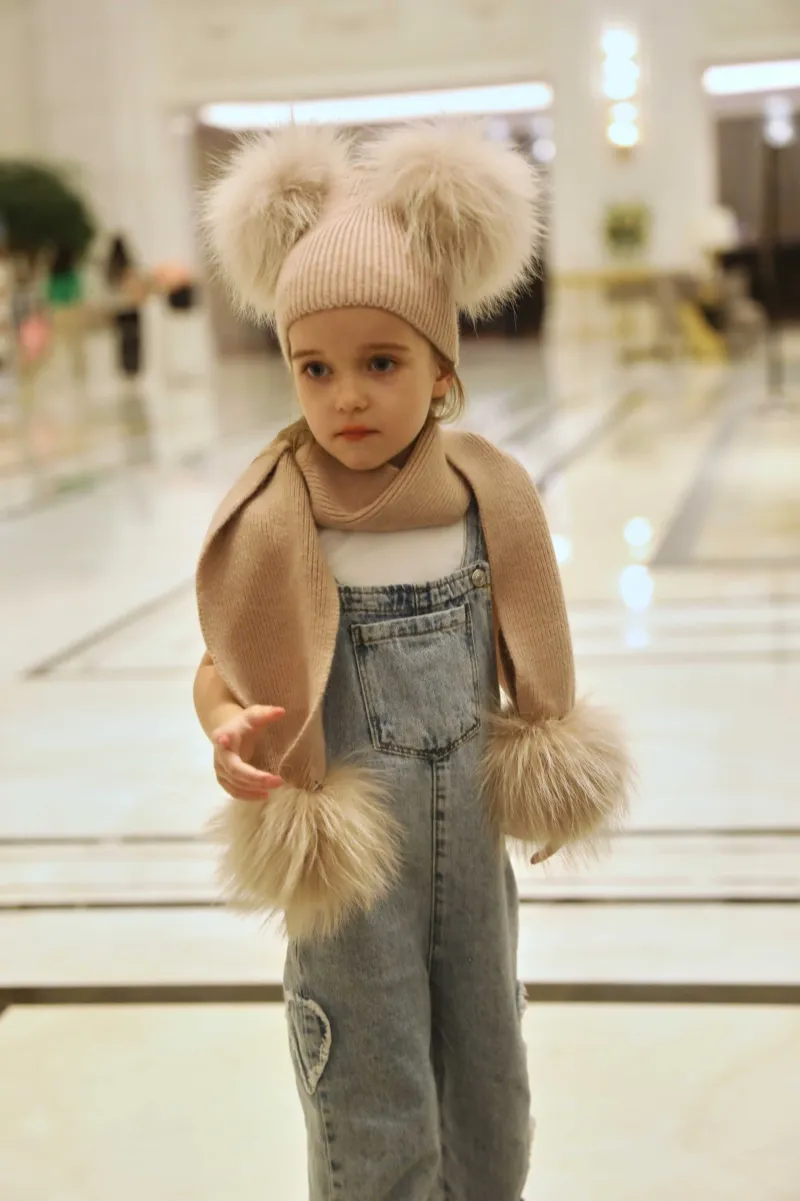 Children's Knitted Angora Double Fur Pom Pom Scarf