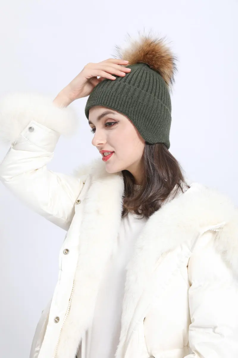 Striped Ear Protection Acrylic Cap With Fur Pom Pom M2