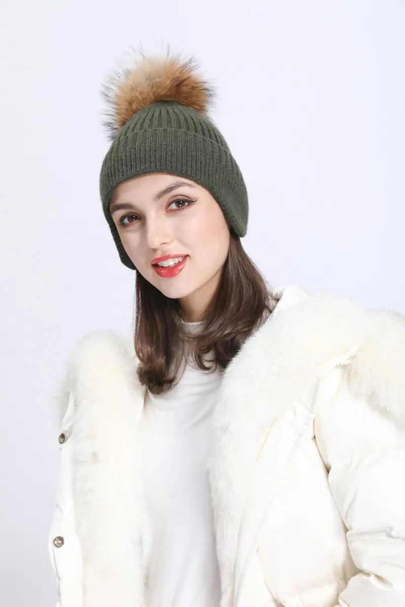 Striped Ear Protection Acrylic Cap With Fur Pom Pom M1