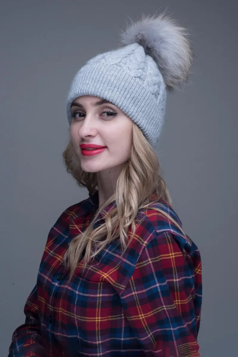 Large Twisted Rabbit Fleece Hat With Raccoon Pom Pom M3