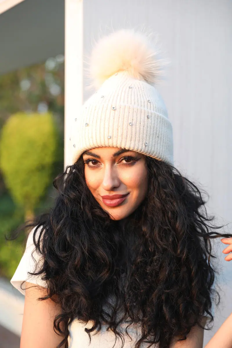 Women's Warm and Casual Rabbit Fur Hat with Sparkling Fur Pompoms1