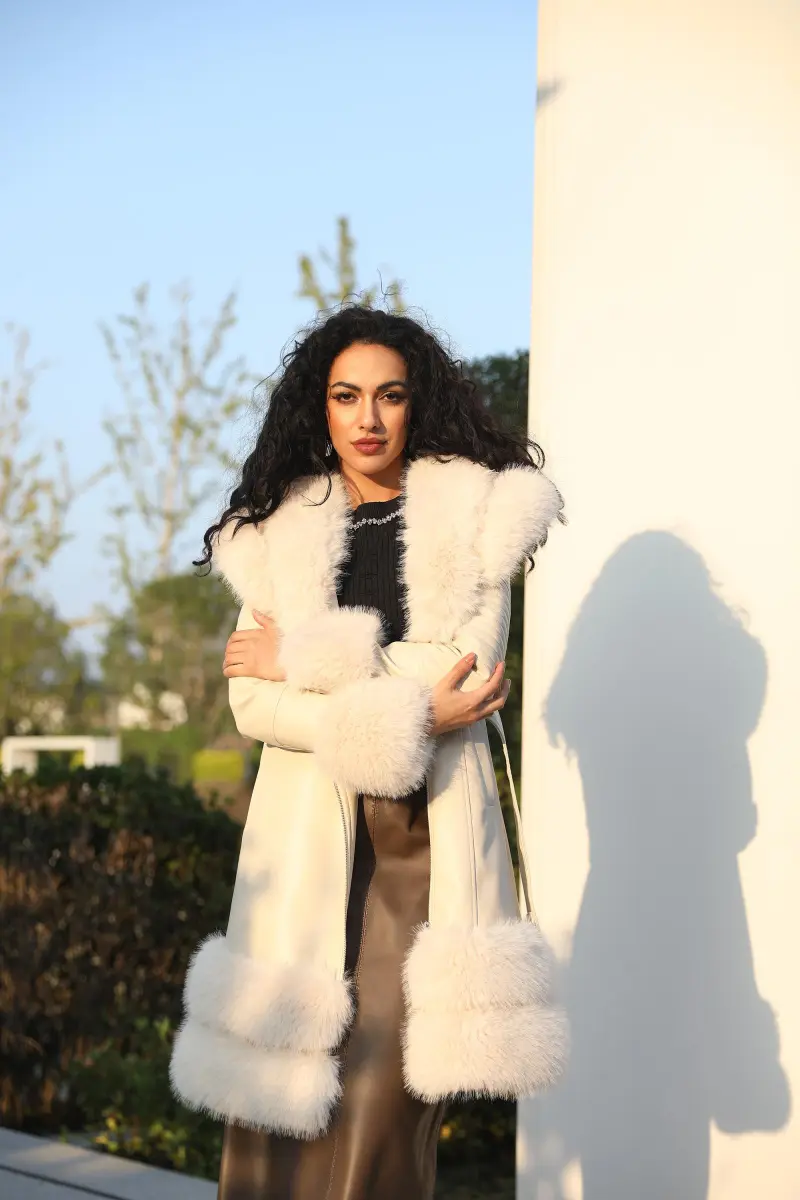 Eco-Friendly Leather Women's Mid-Length Coat with Faux Fur Cuffs and Belt