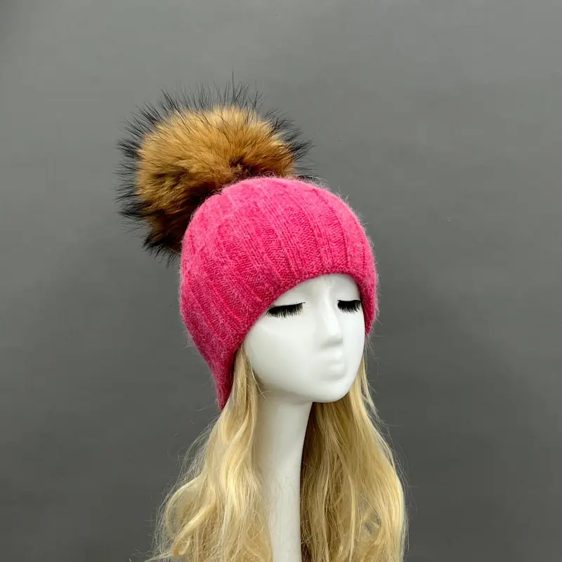 Thick Striped Rabbit Fur Pom Pom Cold-Weather Hat14