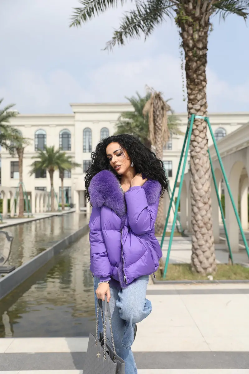 Goose Down-Lined Women's Segmented Fox Fur Placket Hooded Down Jacket37