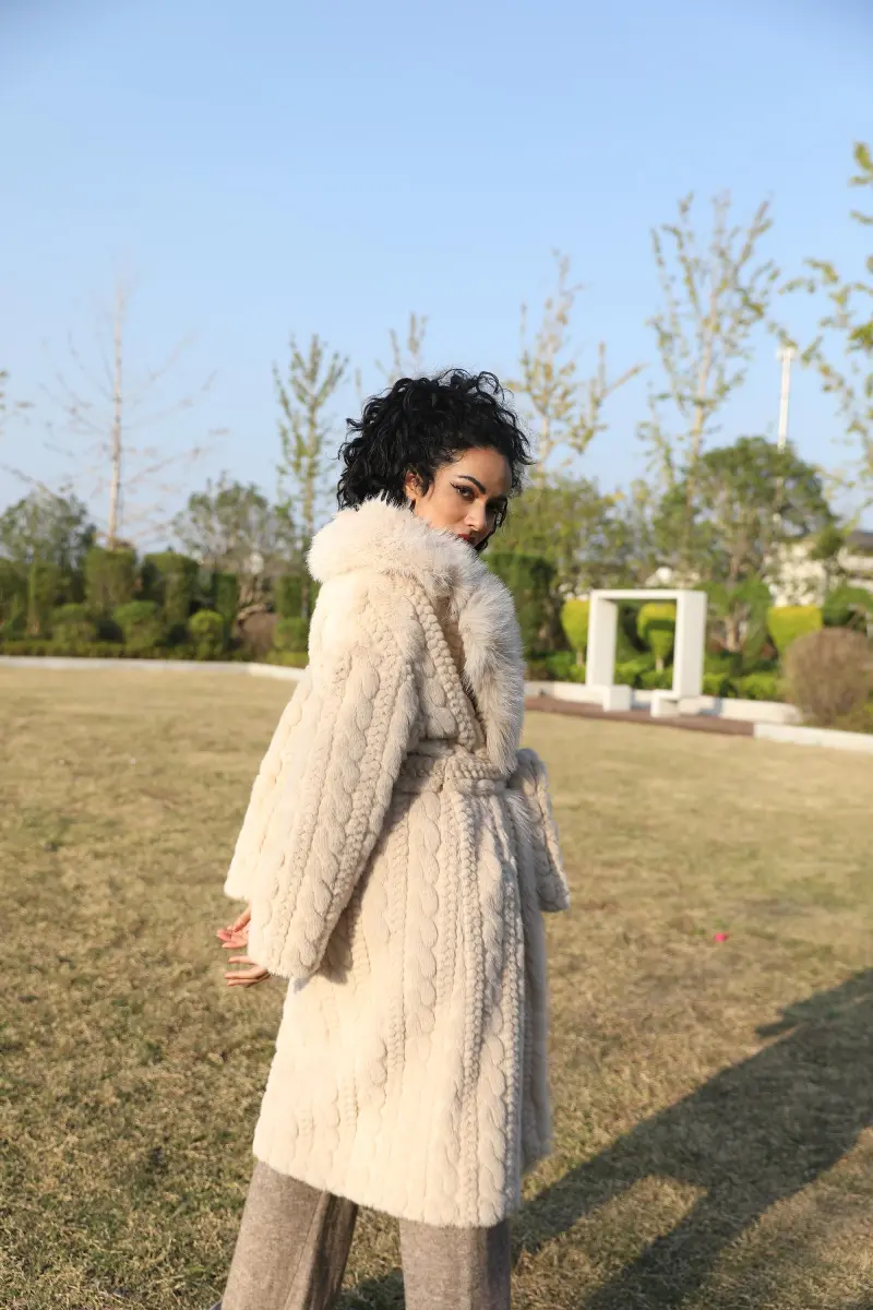 Eco-Friendly Faux Mink Fur Women's New Style Suit Collar Belted Long Coat43