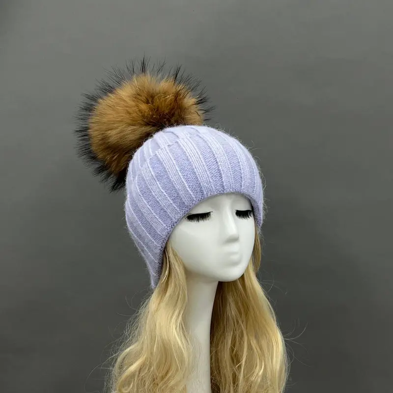 Thick Striped Rabbit Fur Pom Pom Cold-Weather Hat15