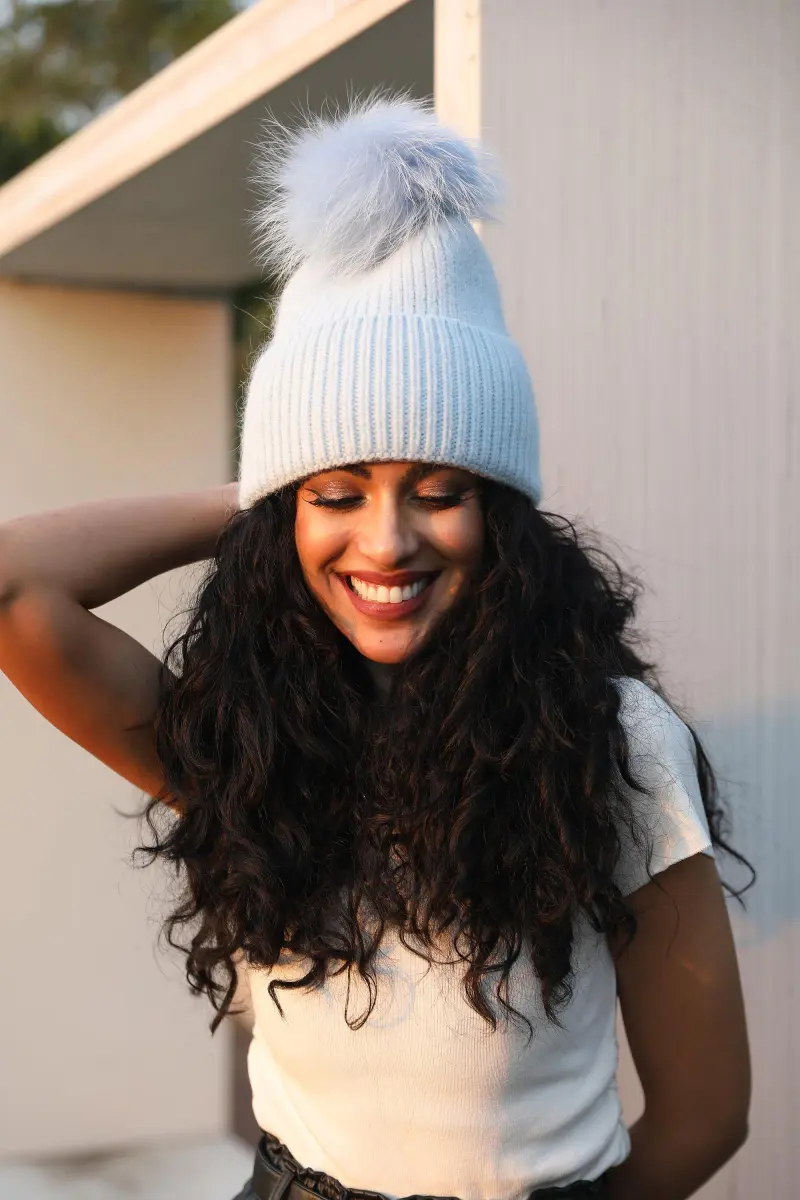 Women's Fashion Thin Striped Rabbit Fur Pom Pom Hat