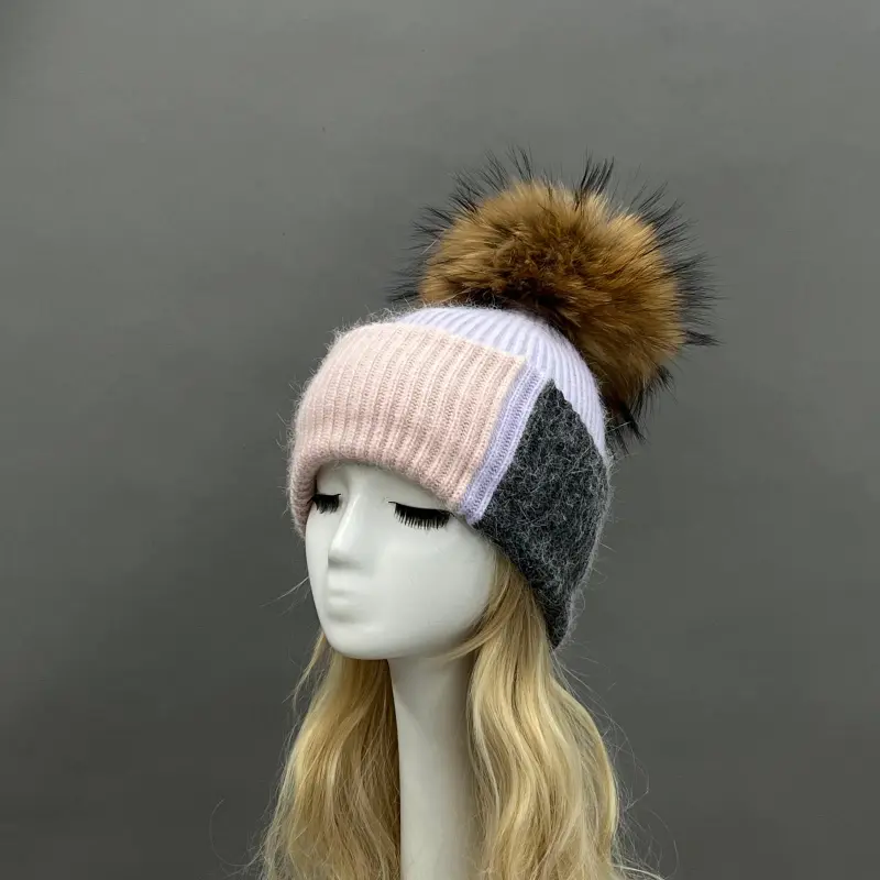 Women's Color-Blocked Trendy Rabbit Fur Hat with Pom Poms for Warmth40