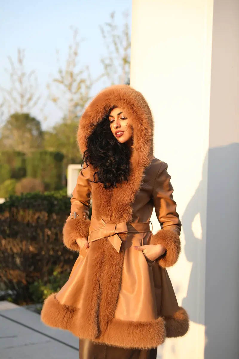 Eco-Friendly Leather and Fur Women's Long Belted Hooded Coat