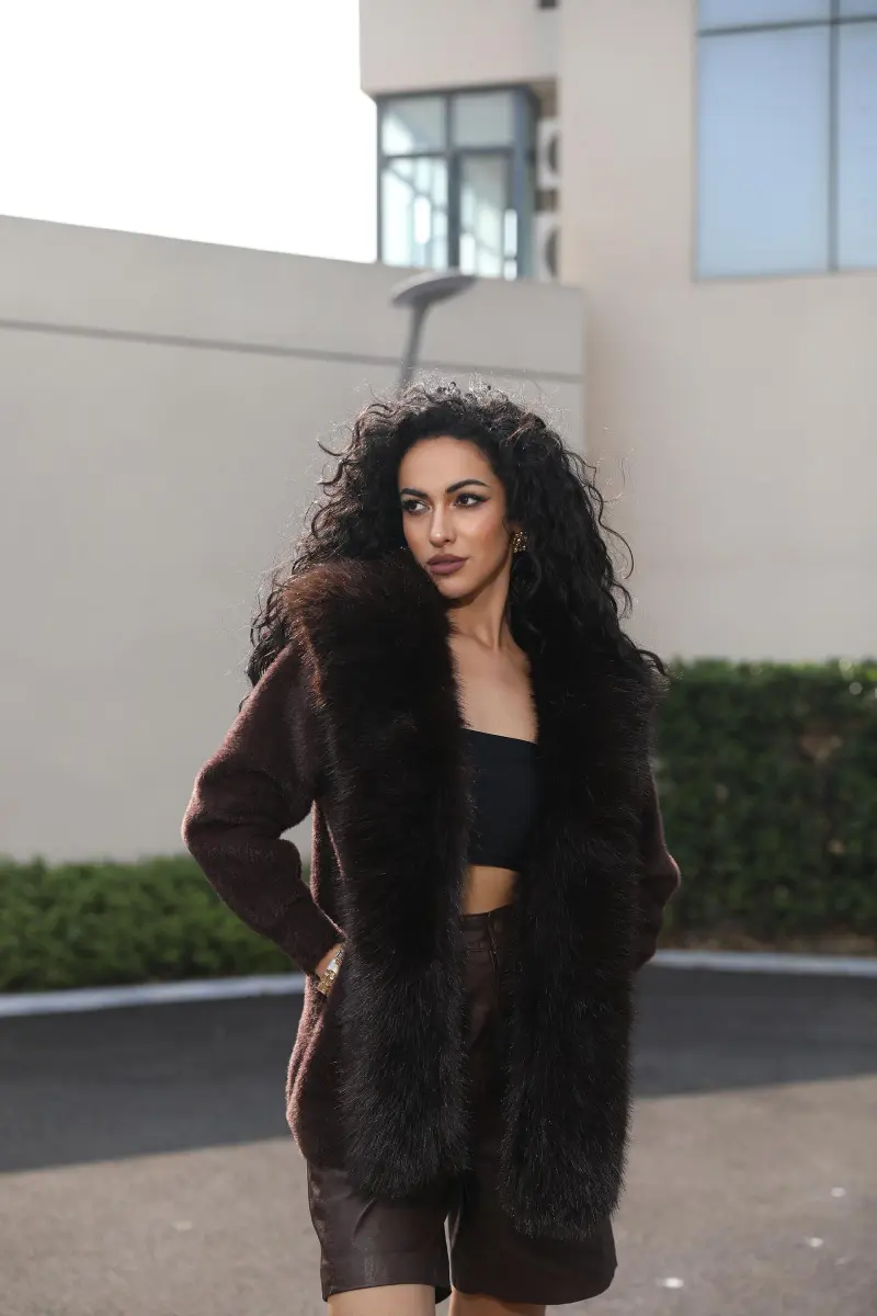Women's Fox Fur-Like Knit Coat with Faux Mink Placket and Faux Fur Collar33