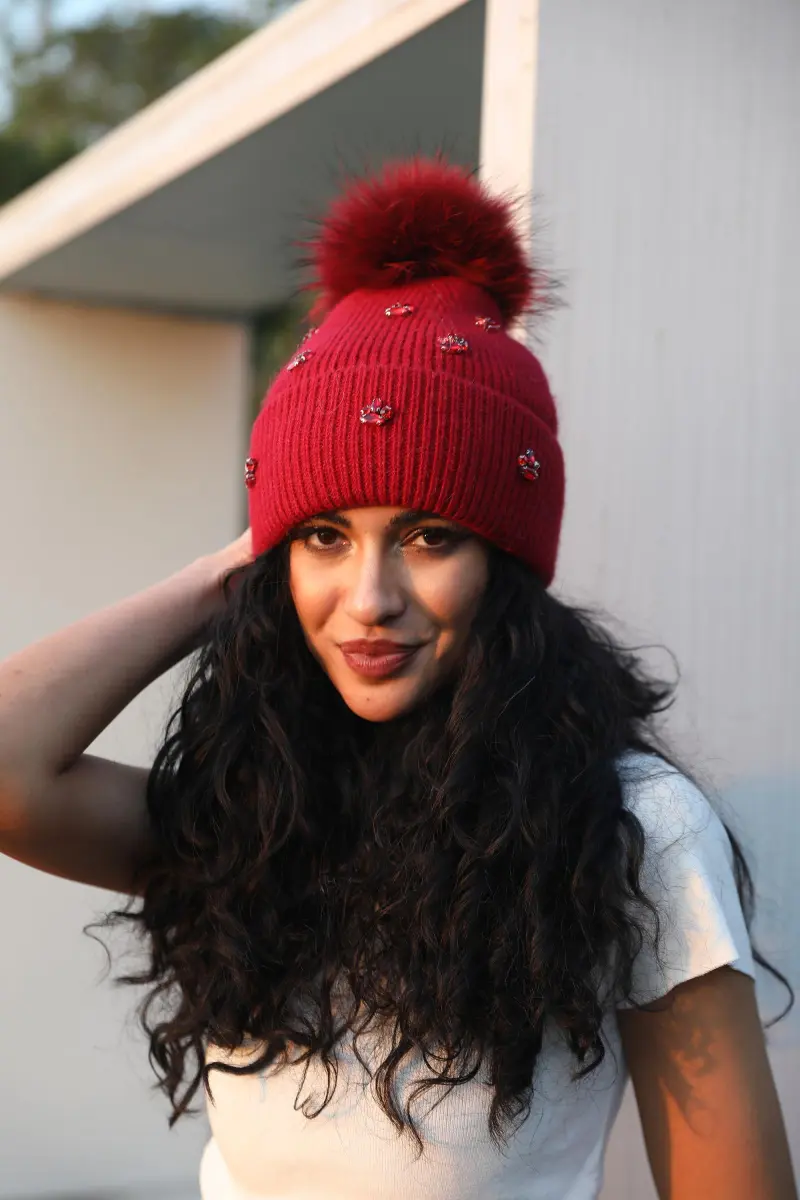 Ladies' Knitted Rabbit Fur Hat with Small Rhinestone Pompoms for Casual Wear17