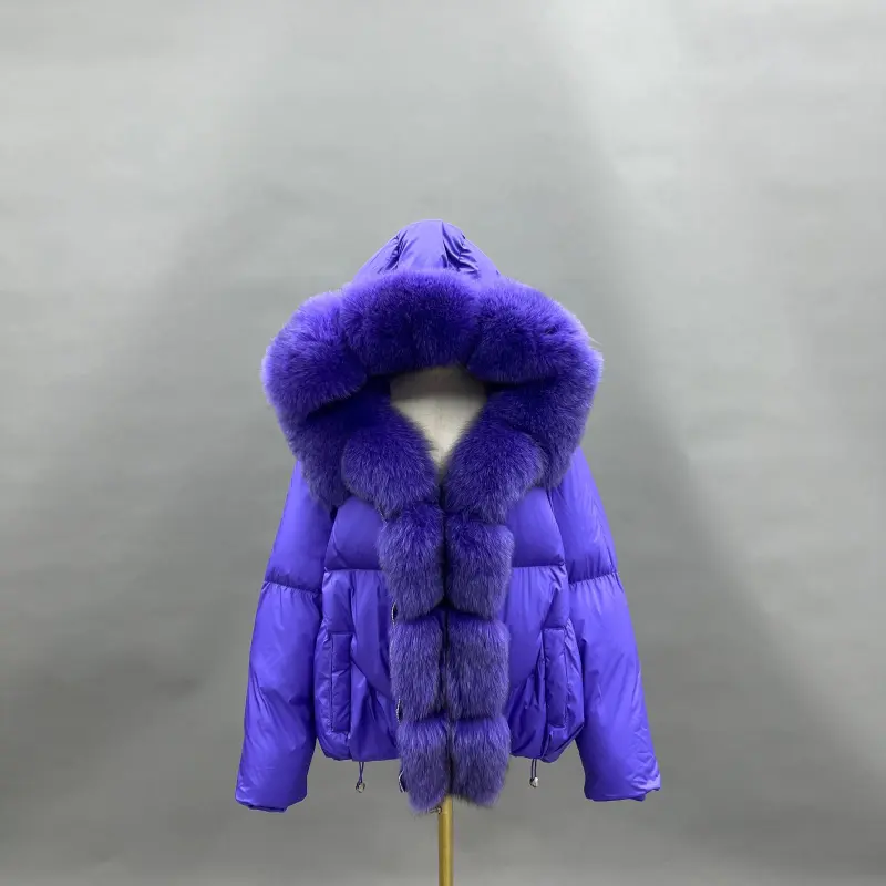 Goose Down-Lined Women's Segmented Fox Fur Placket Hooded Down Jacket36