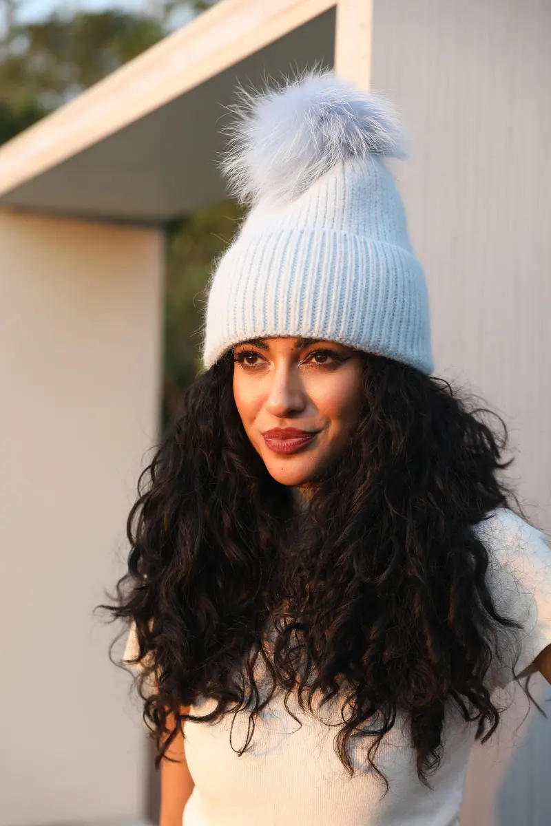 Women's Fashion Thin Striped Rabbit Fur Pom Pom Hat7