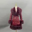 Eco-Friendly Leather Women's Mid-Length Coat with Faux Fur Cuffs and Belt44